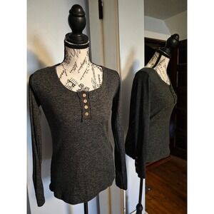 Charcoal Gray Ribbed Knit Henley Long Sleeve Top Button Cuff Scoop Neck Large